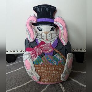 Vintage Needlepoint Bunny Rabbit Mad Hatter Pillow